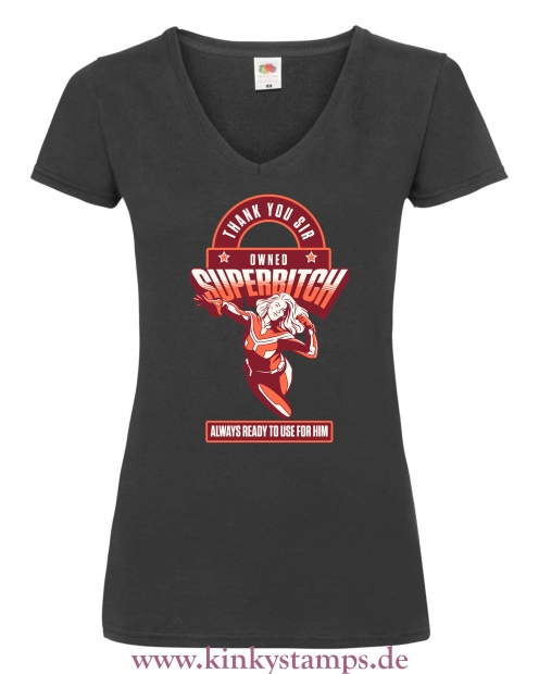 Damen T-Shirt mit V Ausschnitt Owned Superbitch - thank you Sir