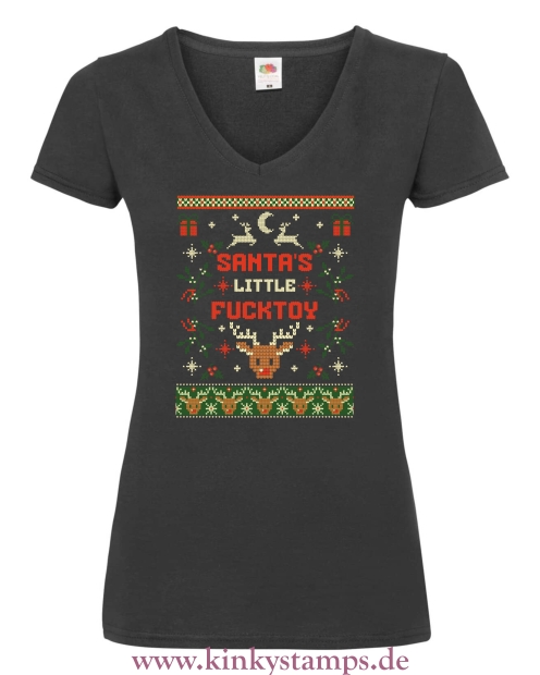 Damen T-Shirt mit V Ausschnitt Santas little Fucktoy